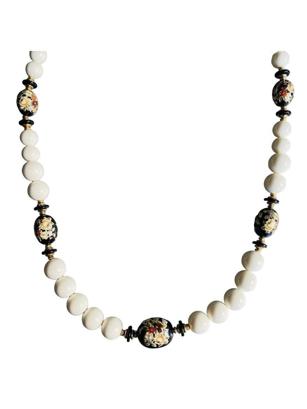 Vintage Painted Wooden Beads Faux Pearl Graduated Asian Necklace Cloison…